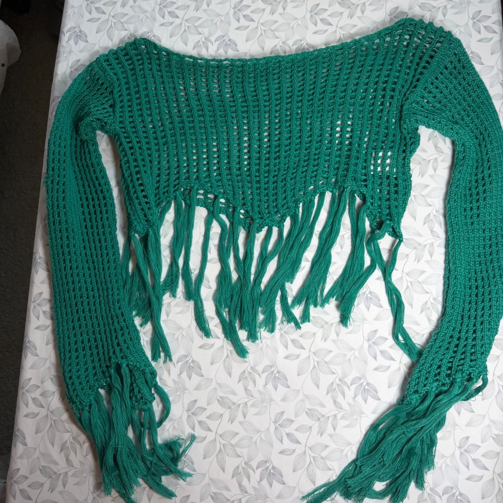 Green Crochet Fringe Crop Top Boho Open Knit Festival Shrug Long Sleeve Small